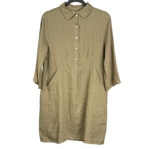 NWT ELENA BALDI M 100% Linen Olive Tunic Dress Minimalist Lagenlook 3/4 Roll-Tab